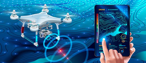 Drone being controlled from a tablet to do site surveying