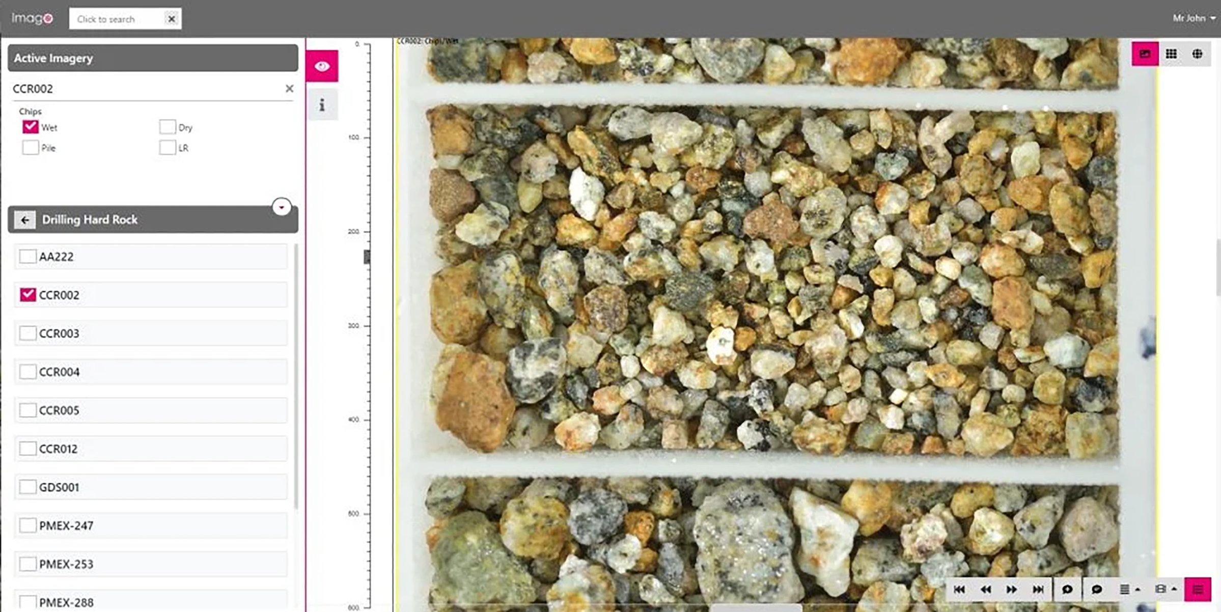 Imago software cataloguing a tray of drill chips alongside the capture interface