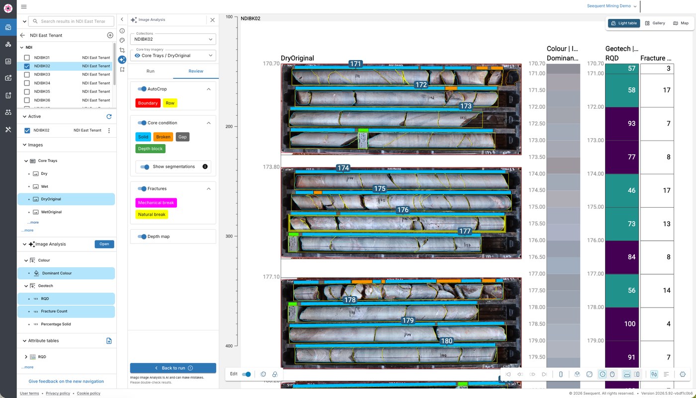 Imago interface showing catalogued core tray imagery beside colour and RQD analysis columns